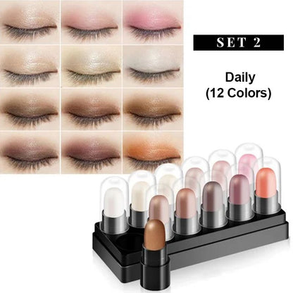 Conjunto de lápices de sombra de ojos de 12 colores, resistente al agua, de larga duración con brillo glitter