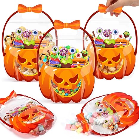 🔥🍬🎃 Bolsas de Regalos de Halloween: Bolsas Transparentes de Calabaza con Cierre Hermético 🎁