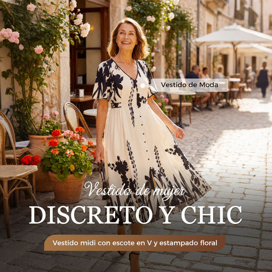 Elegante vestido midi con escote en V y estampado botánico