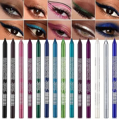 💜✨ Pack de 14 Lápices de Eyeliner Impermeables – Eyeliner en Gel de Colores con Terminaciones Metálicas y Brillantinas, Anti-Deslizamiento