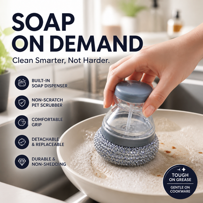 🧽 BUY 1 GET 1 FREE! 🍳 Soap-Dispensing Scrubber Brush – Press Dispense, Detachable, Durable ✨