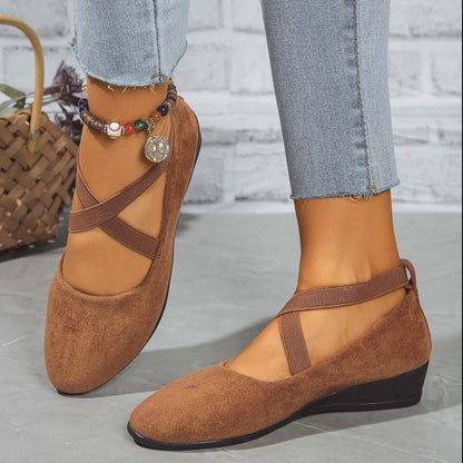 🌹Elegantes zapatos de cuña baja con correa elástica de color sólid
