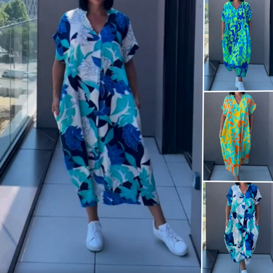 🌸Gran Venta: 50% de Descuento🌸💃👗Elegancia Sin Esfuerzo💖 Vestido Casual y Elegante de Cuello en V con Estampado para Mujer