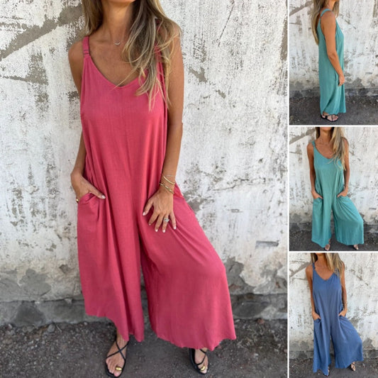 Mono Casual Holgado de Mezcla de Algodón y Lino para Mujer con Bolsillos y Tirantes Ajustables