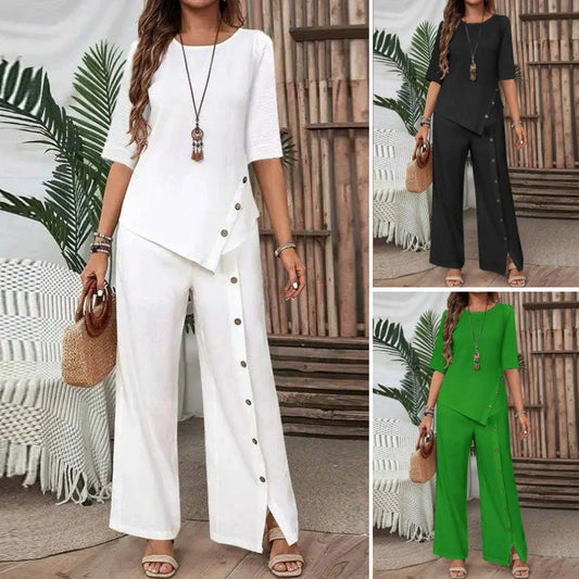 Conjunto de dos piezas para mujer: top con dobladillo irregular y pantalones de pierna ancha