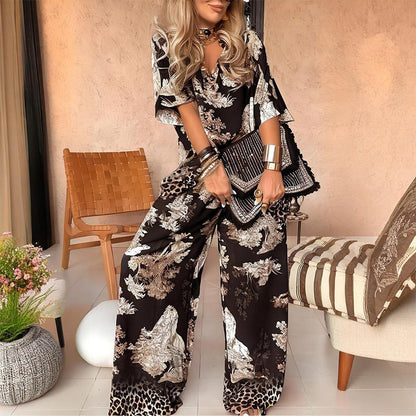 ⏳Especial por Tiempo Limitado⏰Conjunto de Top de Cuello en V Estampado Casual para Mujer y Pantalones Largos