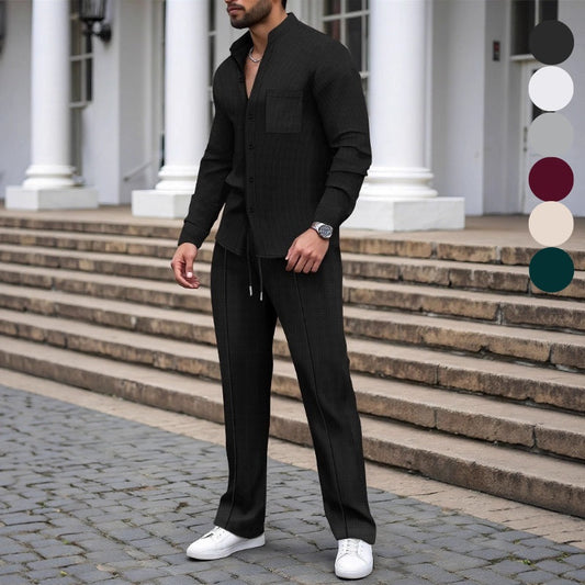 🍂👖 Conjunto Casual de Camisa y Pantalón de Textura Waffle para Hombre (Set de 2 Piezas)