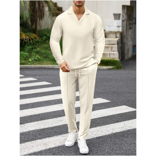 Elegante conjunto de dos piezas para hombre con top con cuello y pantalones con cordón
