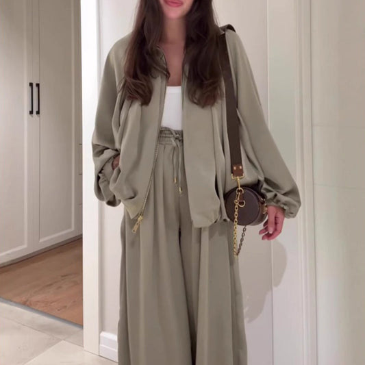 💖 Conjunto de Chaqueta con Cremallera y Pantalones de Pierna Ancha ✈️ Envío Gratuito