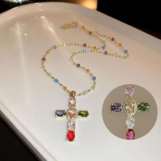 💜Súper rebaja – 50% de descuento 💜Collares con colgante de cruz de pedrería de colores