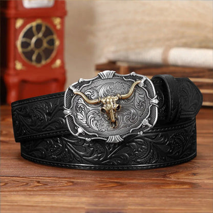 🔥Cinturón de cuero repujado con cabeza de toro retro para hombre
