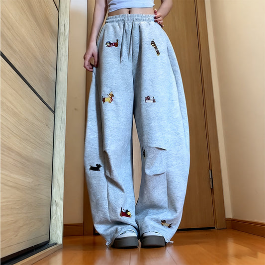 👖 Pantalones de Chándal con Cordón y Corte Ancho – con Bordado de Cachorro 🐕‍🦺🚀 Envío Gratuito
