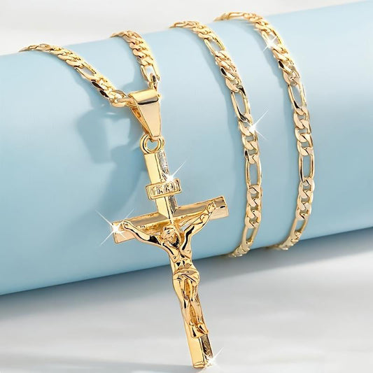 ✝️Collar con colgante de crucifijo tono dorado – Diseño detallado INRI, cadena Figaro ajustable y joya religiosa para el día a día ✝️✨ - Comprar 1 y llévate 1 gratis