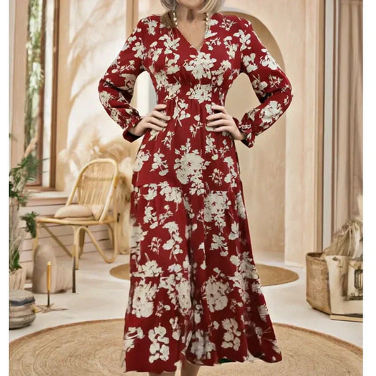 🌸 Vestido Maxi de Capas con Estampado Floral, Cuello en V, Cintura Ceñida y Manga Larga