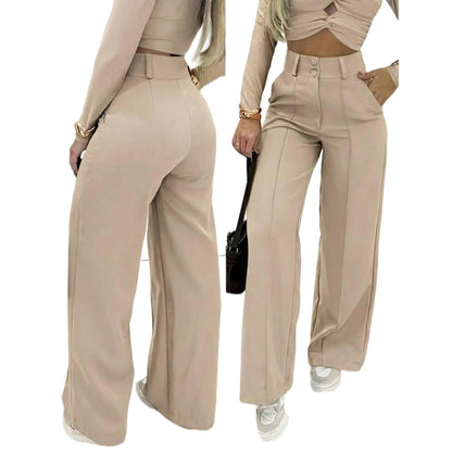 Pantalón de cintura ancha y pierna ancha de color liso para mujer