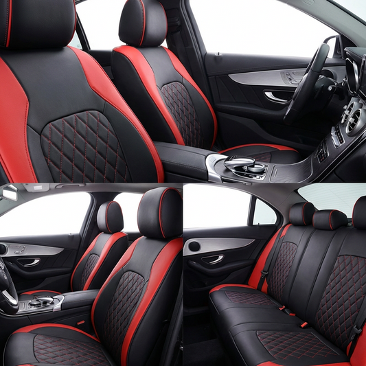 🚗Funda de Asiento de Auto de Cuero Matelassé Lujo | 9 Piezas, Universal, Color Negro ✅