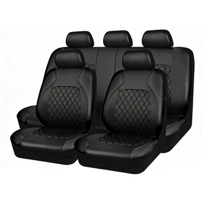 🚗Funda de Asiento de Auto de Cuero Matelassé Lujo | 9 Piezas, Universal, Color Negro ✅