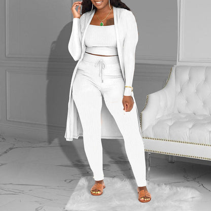 ✨ Conjunto de 3 Piezas de Punto Canelado para Mujer – Top Corto, Cardigan Largo y Pantalones, Elástico, Tallas S-3XL 🧥