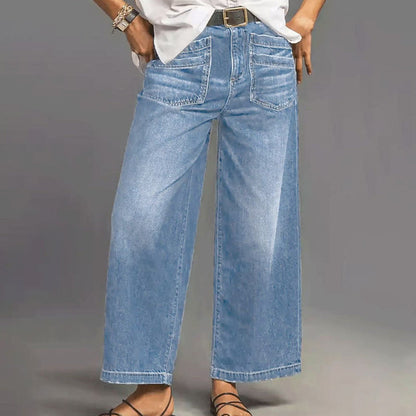 Vaqueros casuales de cintura alta y pierna ancha para mujer
