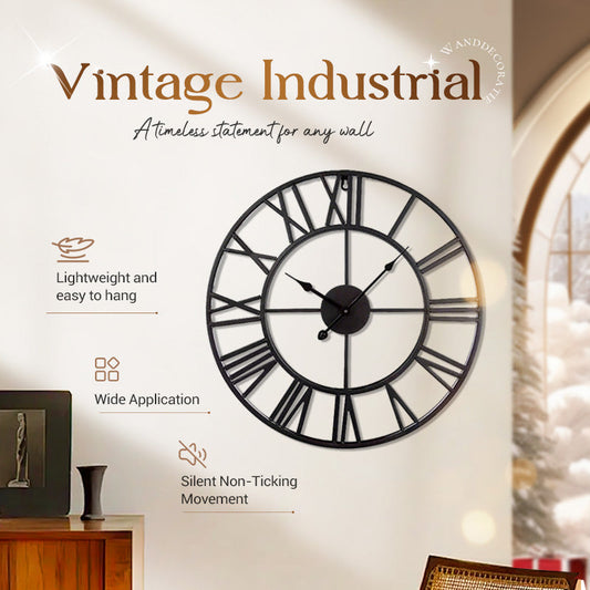 Silent Non-Ticking Vintage Industrial Wall Clock