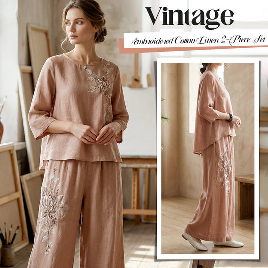 👚 ¡50% DE DESCUENTO AHORA! 🌸 Conjunto de dos piezas de algodón y lino con bordado vintage – Elegante, transpirable y perfecto para un look estiloso de verano ☀️