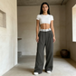 Pantalones de traje ancho de mujer con cintura a contraste