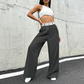 Pantalones de traje ancho de mujer con cintura a contraste