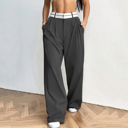 Pantalones de traje ancho de mujer con cintura a contraste