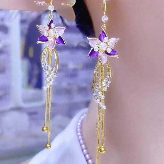 Elegantes Pendientes de Borla con Flor Morada