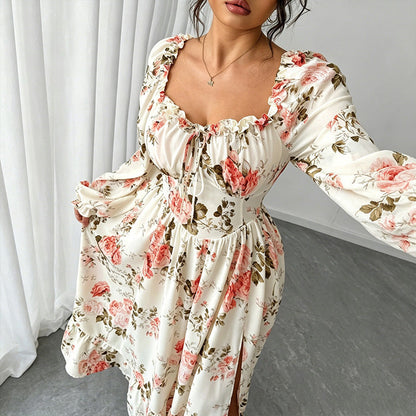 👗 Vestido Maxi de Manga Larga con Escote Cuadrado y Estampado Floral
