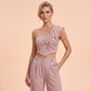 Elegante de un hombro floral superior y pantalones de piernas anchas conjunto