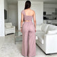 Elegante de un hombro floral superior y pantalones de piernas anchas conjunto