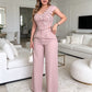 Elegante de un hombro floral superior y pantalones de piernas anchas conjunto
