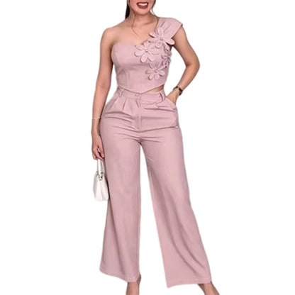 Elegante de un hombro floral superior y pantalones de piernas anchas conjunto
