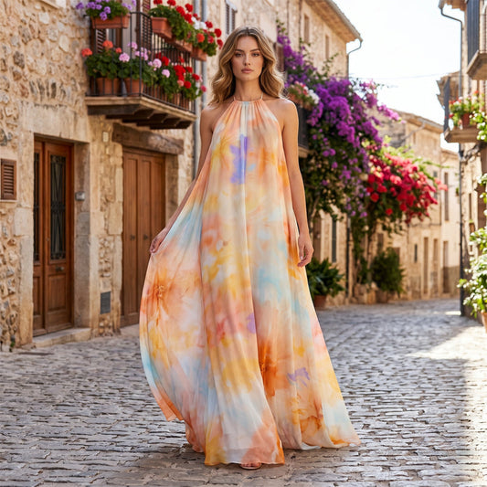 Vestido Maxi Halter para Mujer con Estampado Acuarela