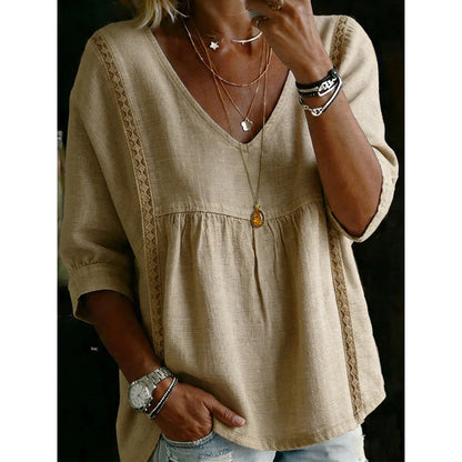 👚 ¡TIEMPO LIMITADO 50% DE DESCUENTO! ✨ Camiseta de escote en V con detalles de encaje para mujer – Bohemian Charm, cintura imperio, mangas 🌼 3/4