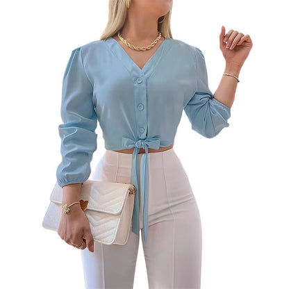 Top Elegante con Cuello en V y Cintura Anudada para Mujer