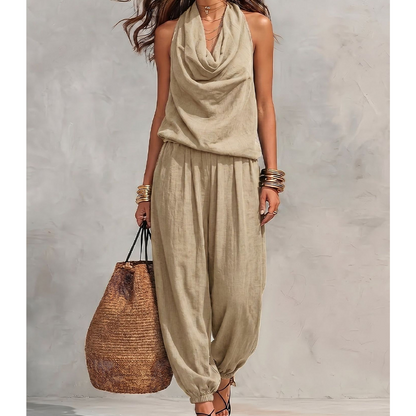 📢 LIMITED TIME 50% OFF! 👗 Chic Draped Halter Neck Jumpsuit – Breathable Wide-Leg Silhouette & Elegant Day-to-Night Style ✨